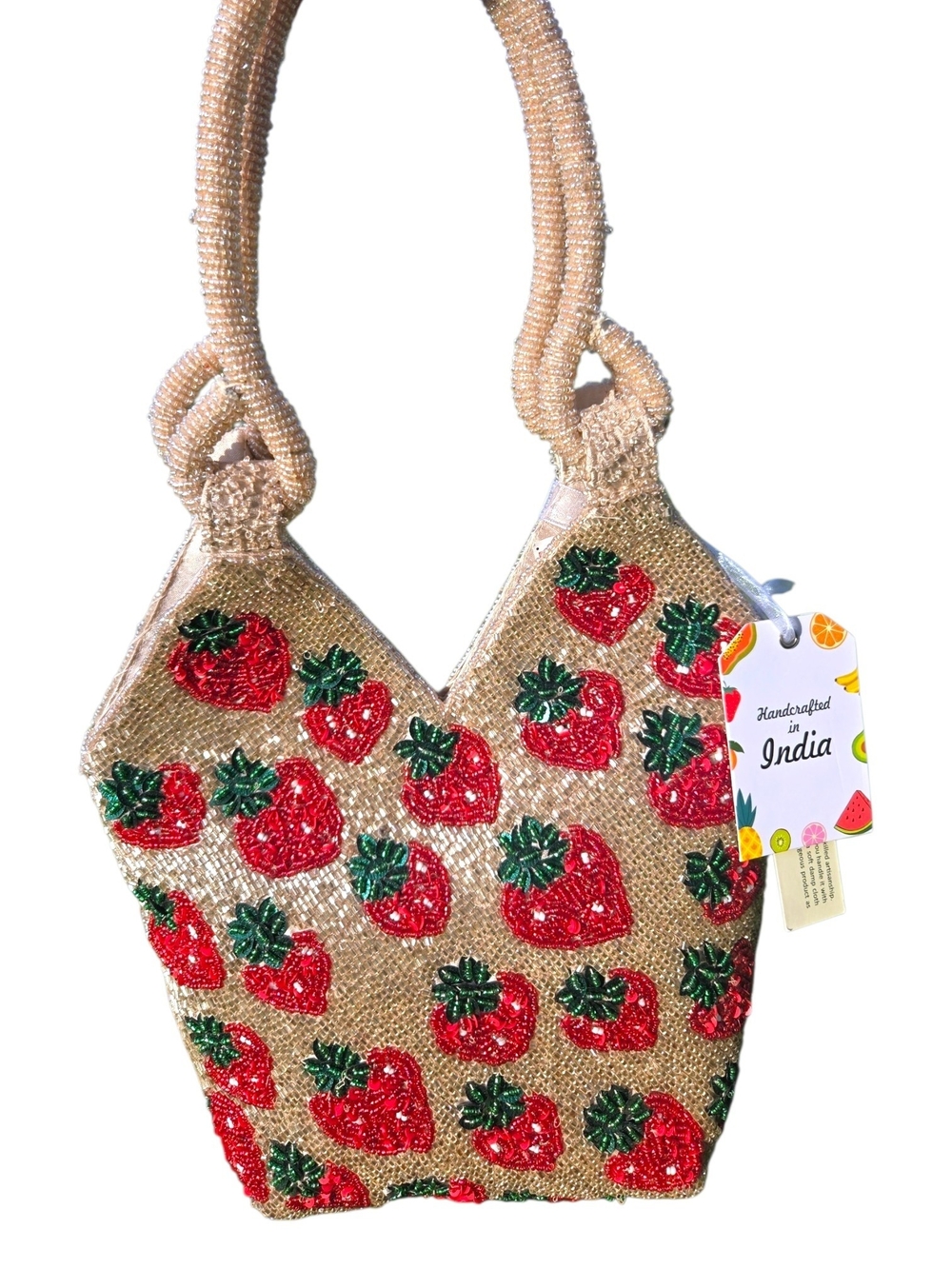 🍓Viral Beaded Strawberry Tote Bag- Red & Strawberry Champagne Gold